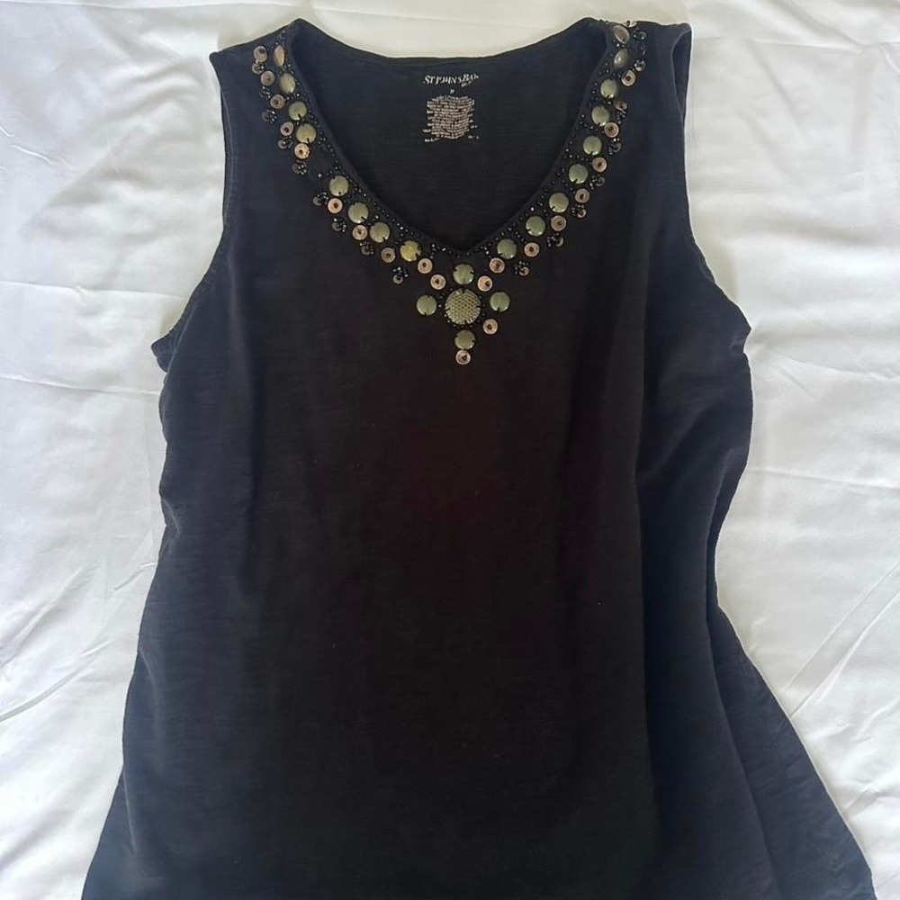 St John's Bay Beaded Black V-Neck Tank Top Blouse Women's Medium
